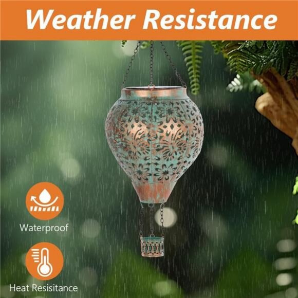 Hot Air Balloon Solar Lantern, Butterfly Hollow Out Metal Hot Air Balloon Decor - Picture 4 of 7